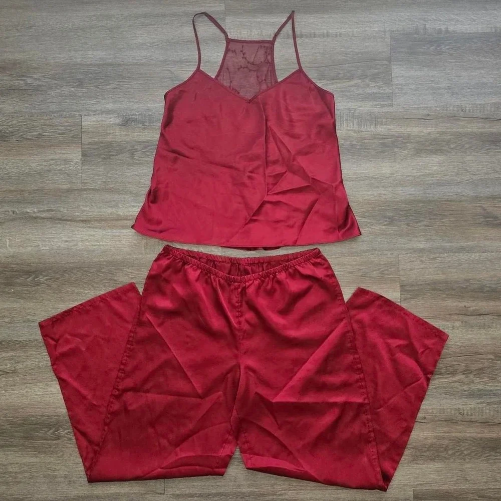 Vintage Avon Coquette Ruby Red Satin PJ Set Camisole & Wide Leg Pants Medium